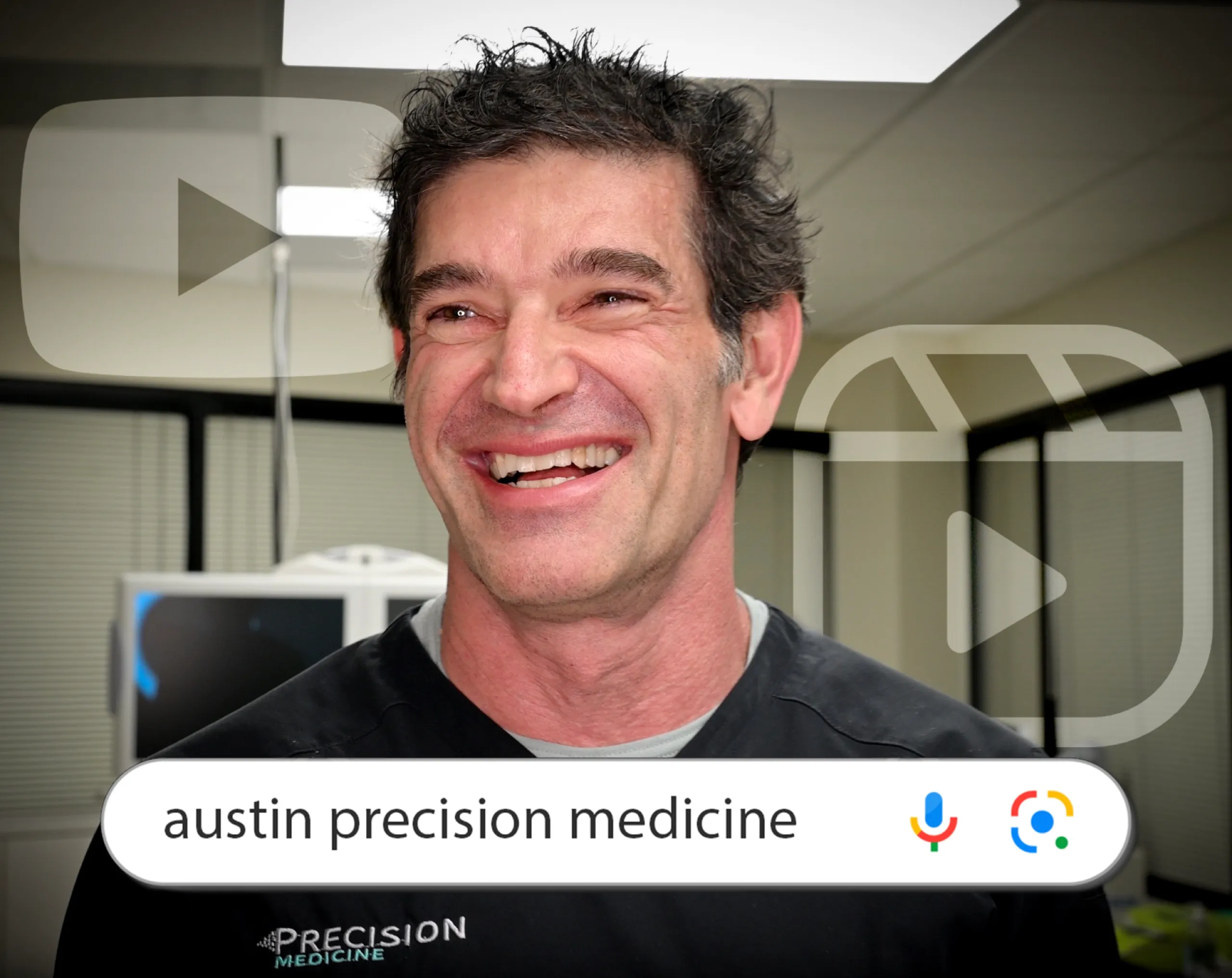 A smiling doctor in dark scrubs behind a search bar that reads austin precision medicine.